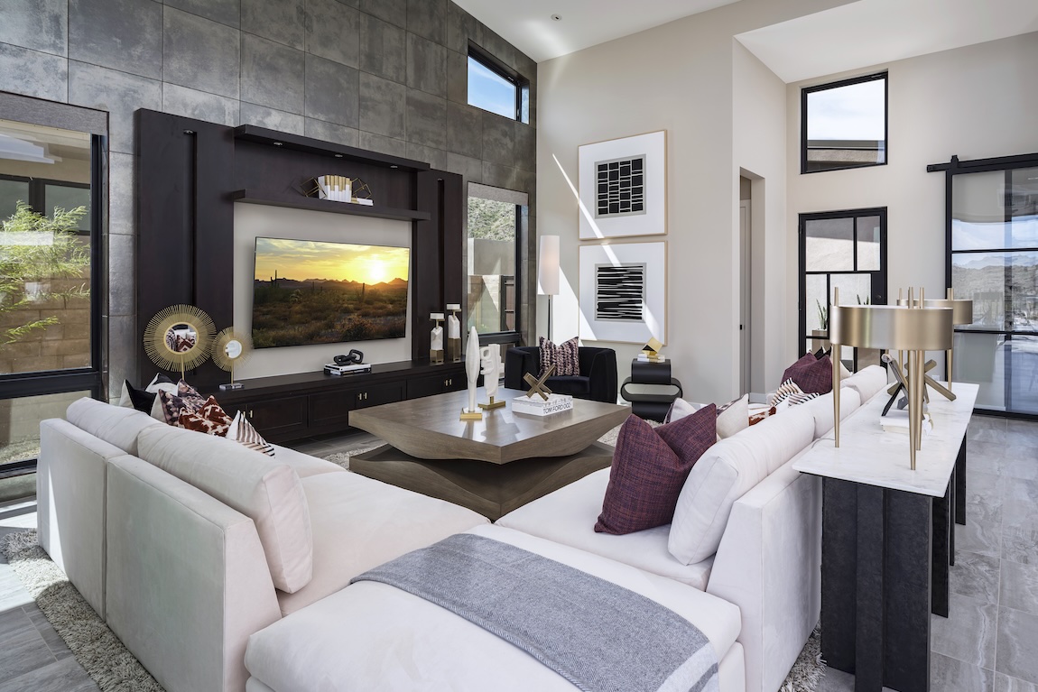 great room with an aluminum accent wall