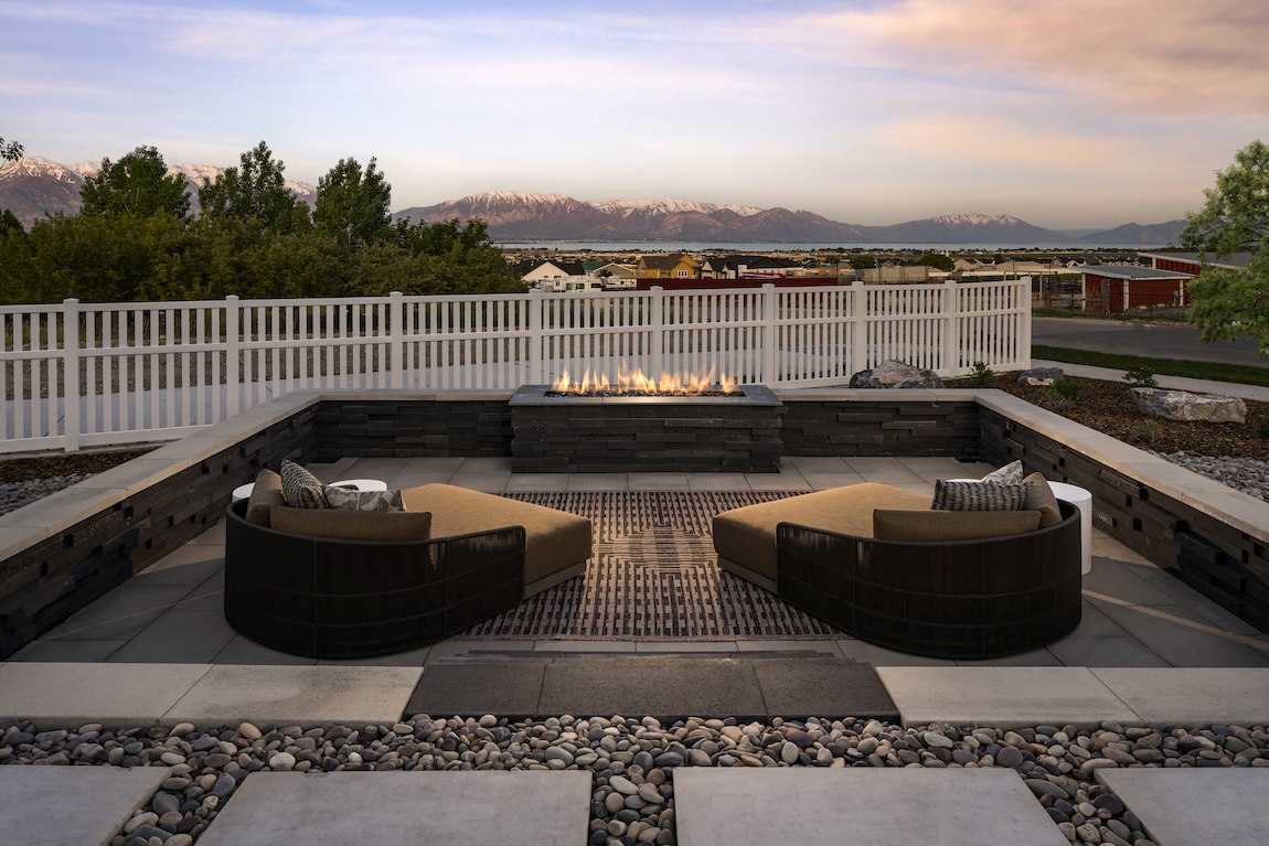 luxury outdoor seating with fireplace and stunning views