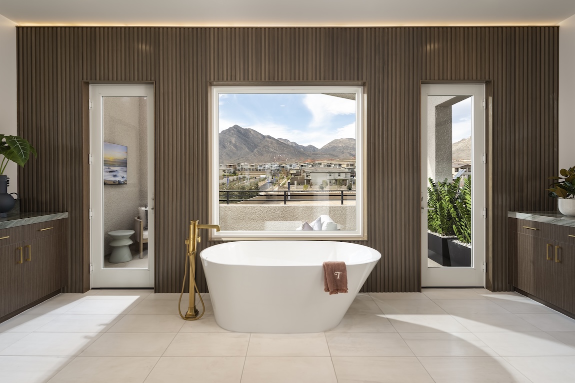 primary bathroom with shiplap accent wall and outdoor living space