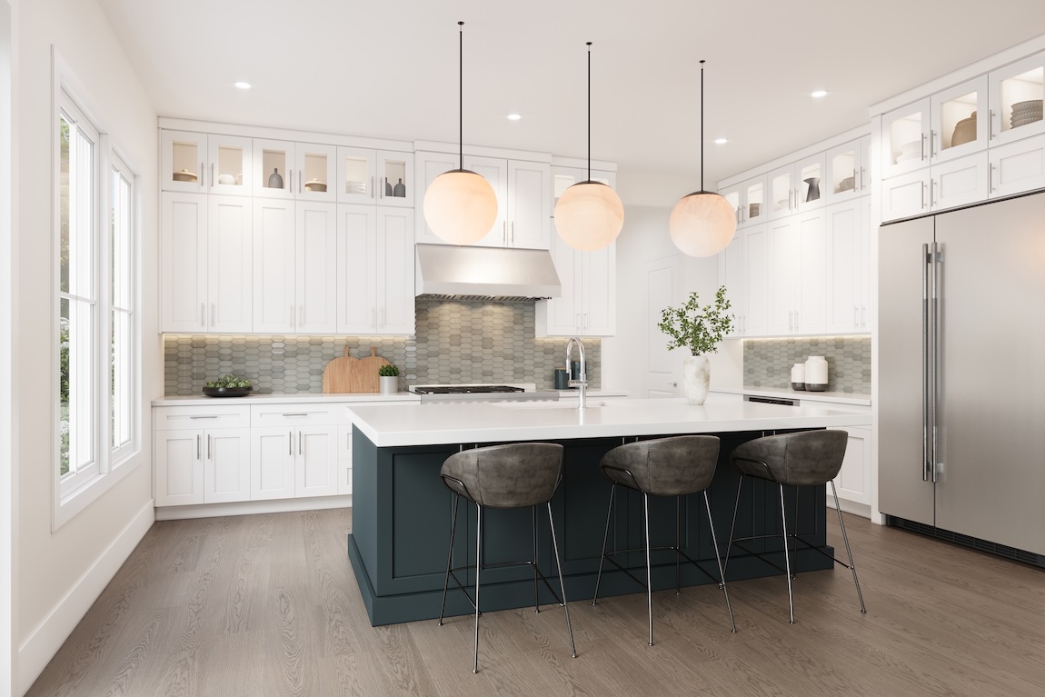 Cool transitional kitchen with white cabinetry, dark island base, globe pendant lighting, hex tile backsplash, and modern bar seating.