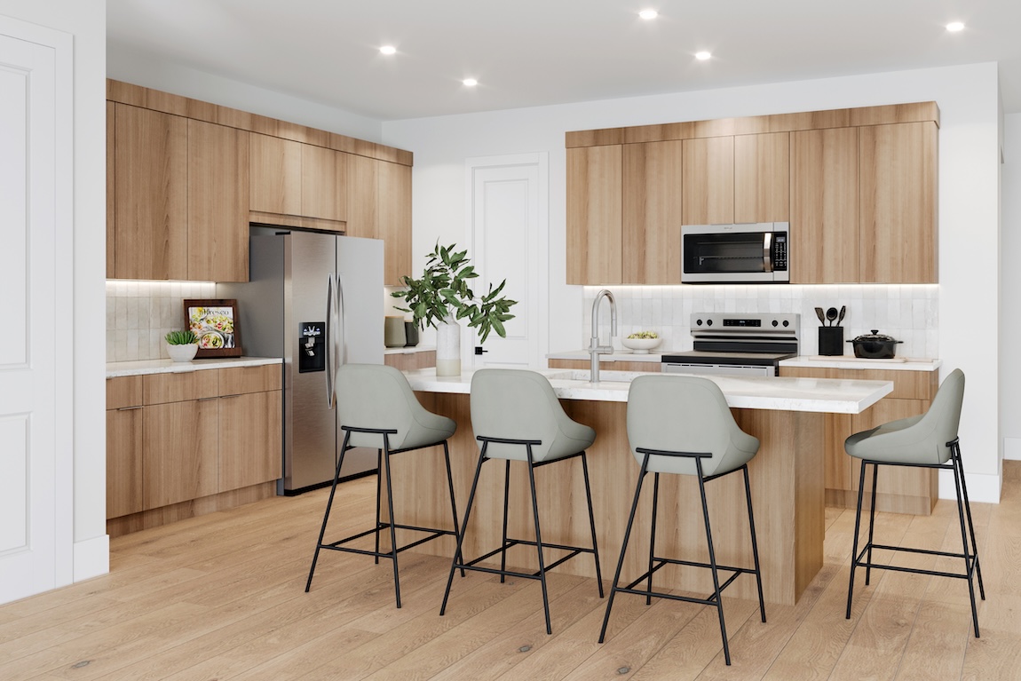Modern mid-century kitchen with flat-panel wood cabinetry, waterfall island, stainless steel appliances, and minimalist bar seating.