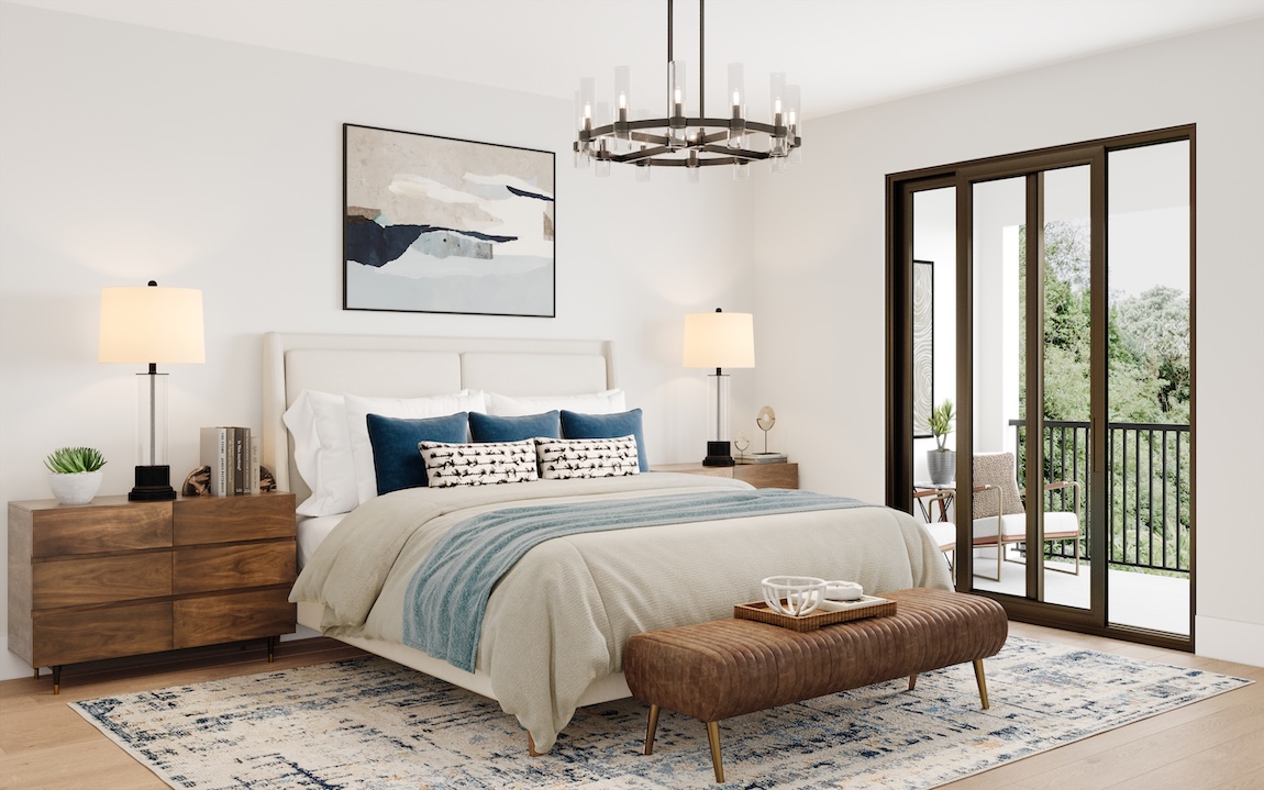 Modern mid-century primary bedroom with streamlined upholstered bed, walnut nightstands, leather bench, and sliding glass doors to balcony.