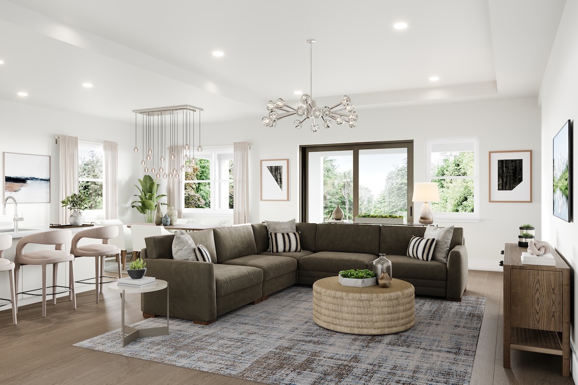 Cool contemporary open-concept great room and dining area with sectional sofa, sculptural lighting, expansive windows, and soft neutral palette.