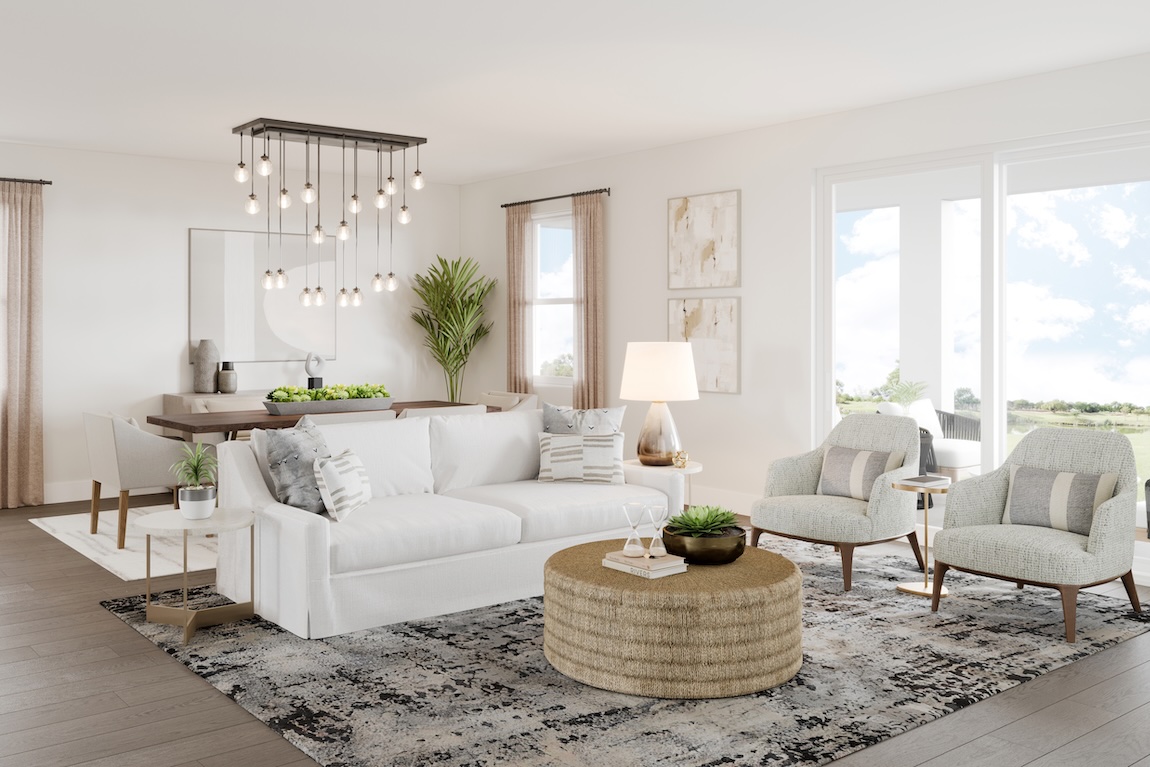Cool contemporary living room and dining space with light neutral seating, modern chandelier, textured rug, and large glass doors.