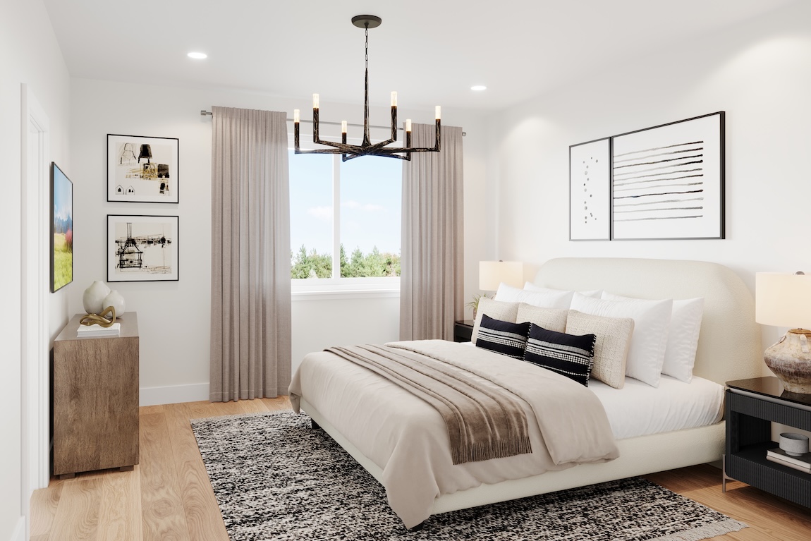 Modern mid-century primary bedroom suite with low-profile upholstered bed, sculptural chandelier, and minimalist decor.