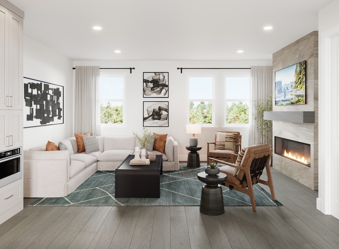 Modern living room with fireplace feature wall, neutral sectional, accent chairs, large windows, and layered contemporary decor