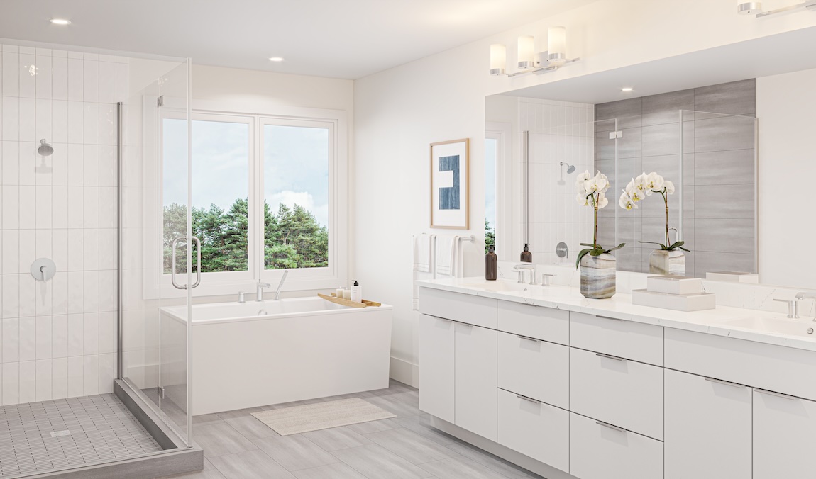 Cool contemporary primary bathroom with freestanding soaking tub, glass walk-in shower, double vanity, and crisp white finishes.